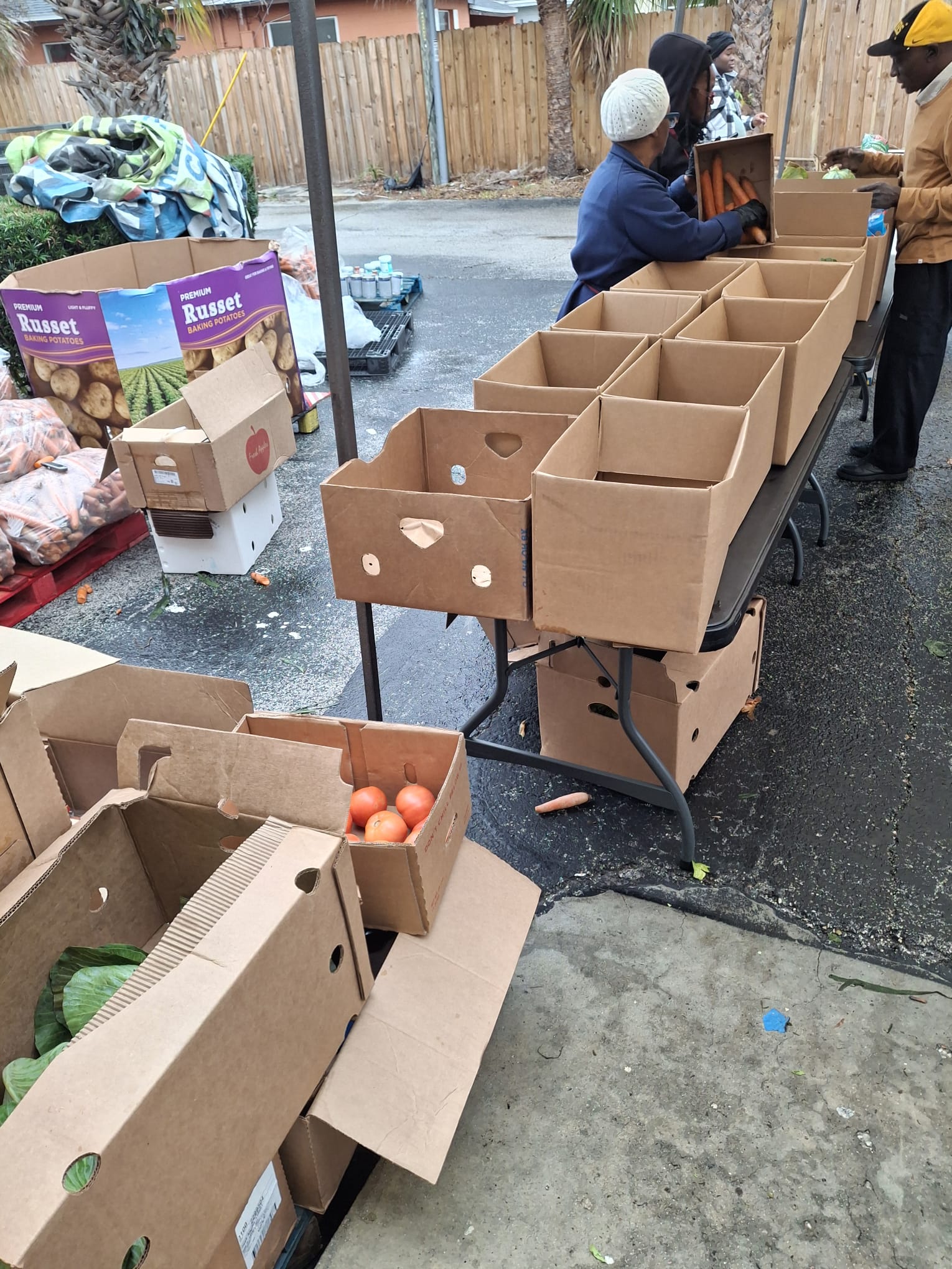 Volunteers organizing boxes of fresh produce